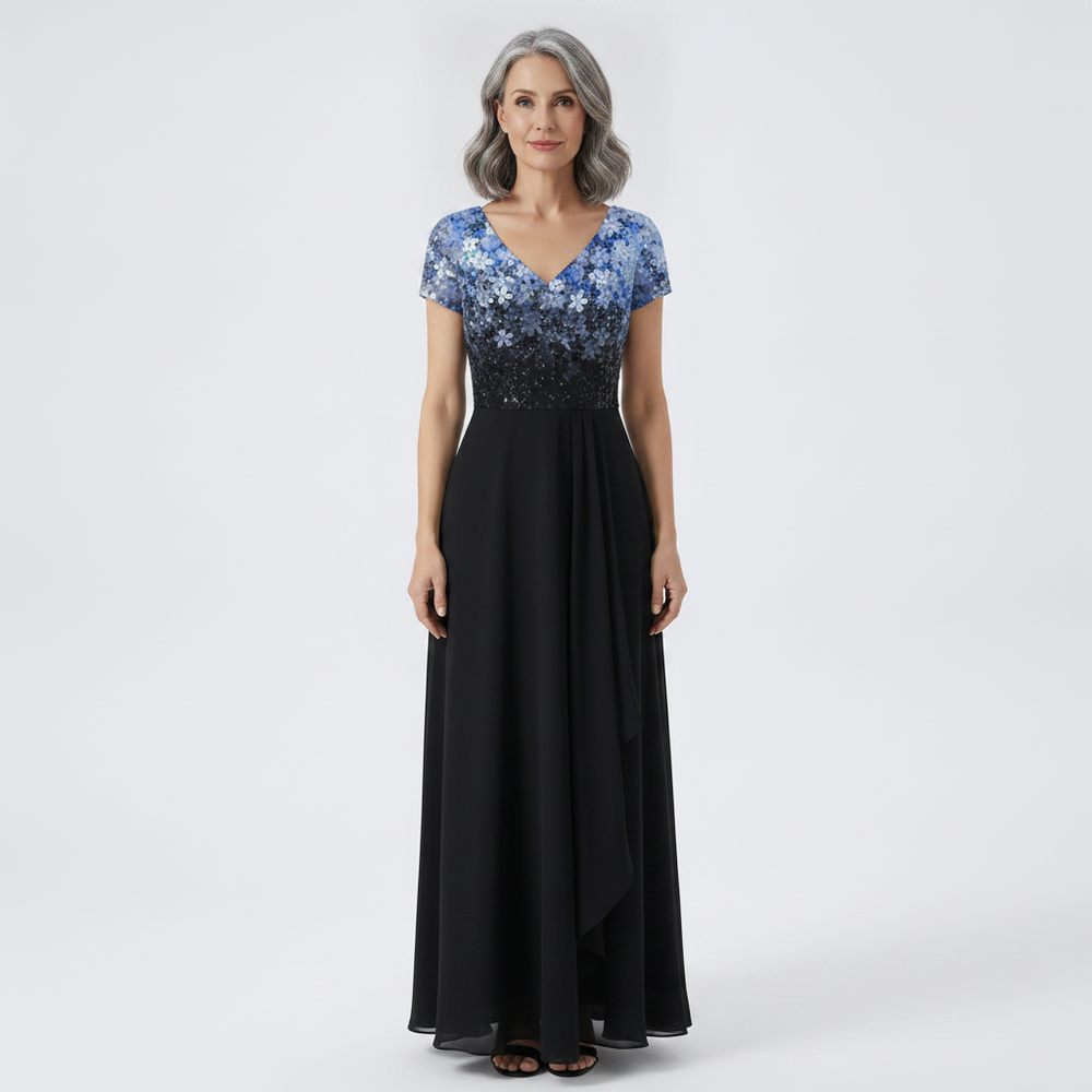 Velurna - Floral Bodice Midi Dress With Flowing Skirt