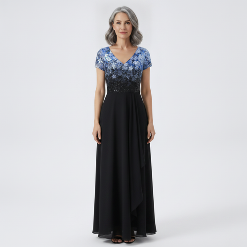 Velurna - Floral Bodice Midi Dress With Flowing Skirt