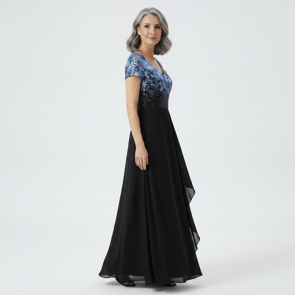 Velurna - Floral Bodice Midi Dress With Flowing Skirt