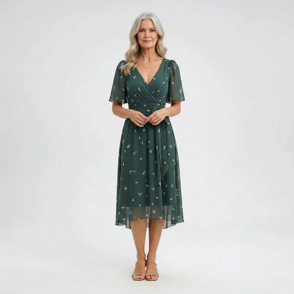 Floravel - V-Neck Floral Wrap-Style Midi Dress