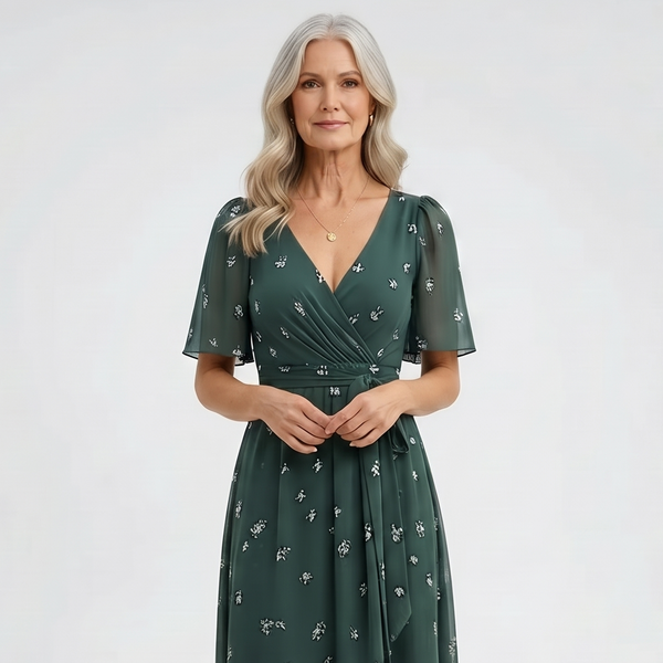 Floravel - V-Neck Floral Wrap-Style Midi Dress