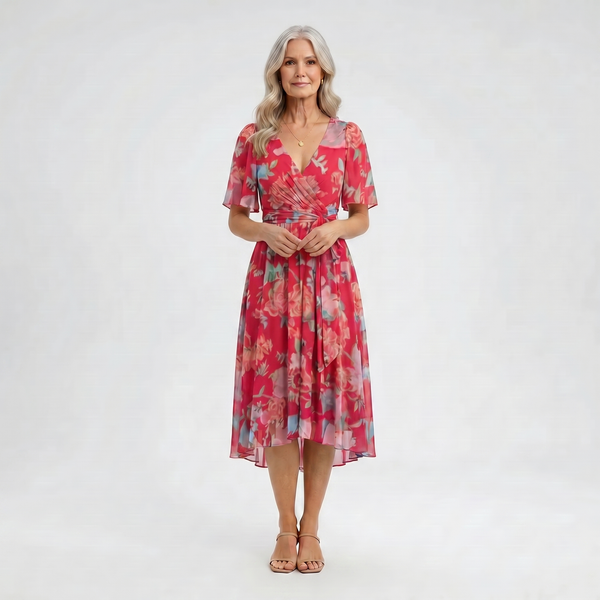 Floravel - V-Neck Floral Wrap-Style Midi Dress
