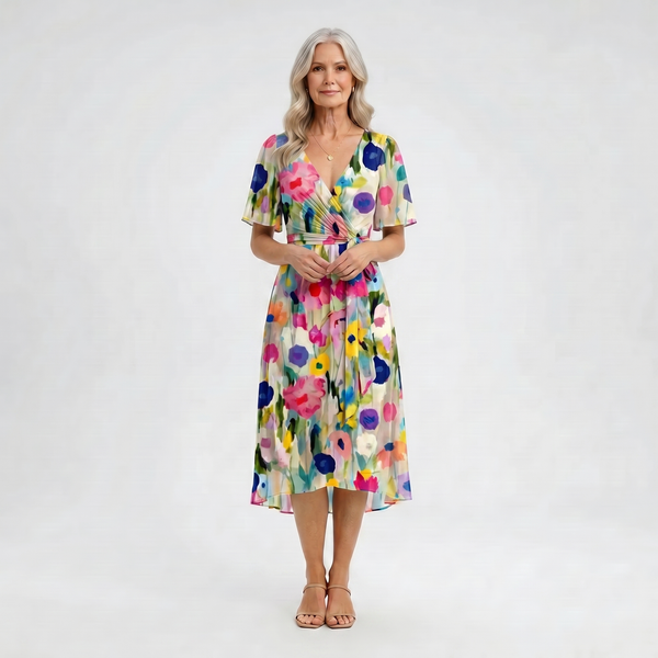 Floravel - V-Neck Floral Wrap-Style Midi Dress
