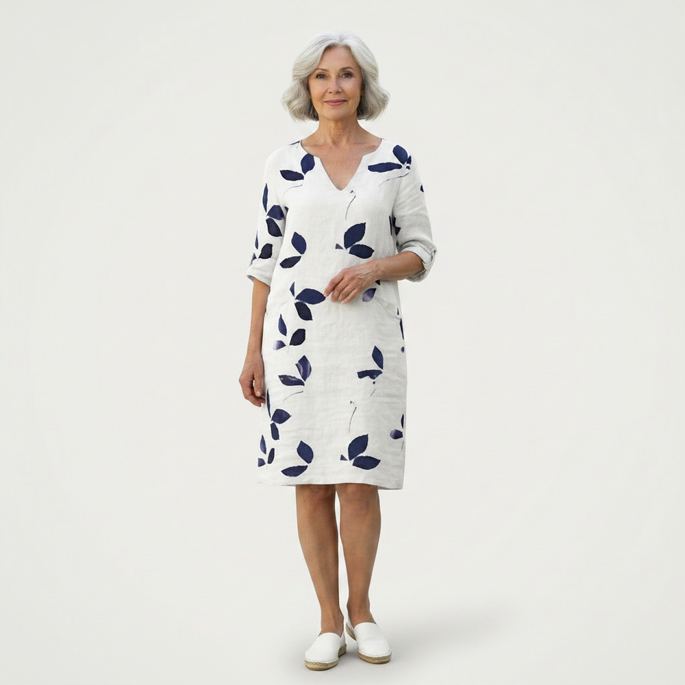Velvaris - V-Neck Leaf Print Shift Dress