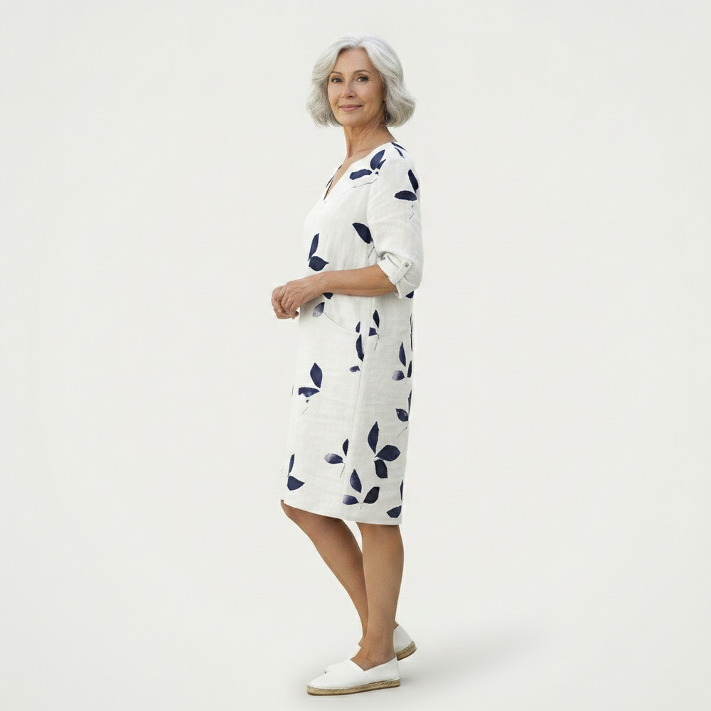 Velvaris - V-Neck Leaf Print Shift Dress