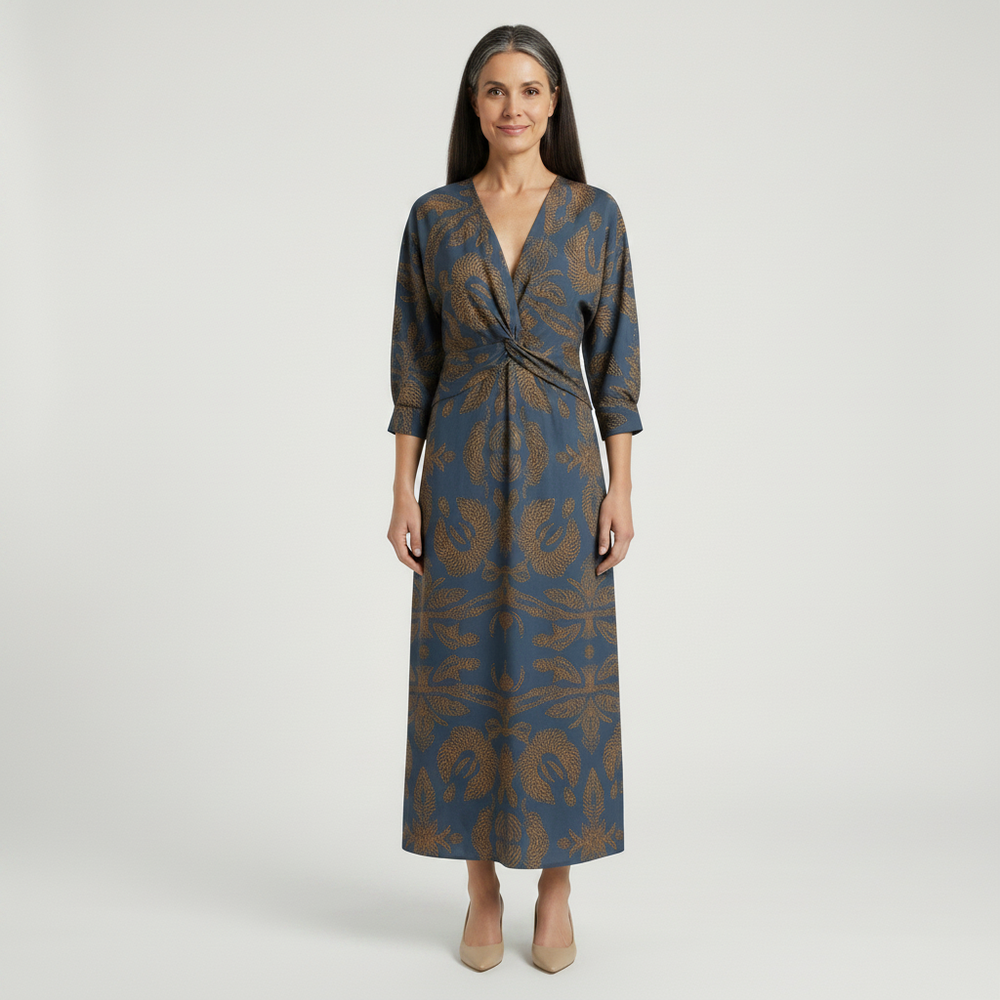 Veloura - Long-Sleeve V-Neck Printed Midi Dress