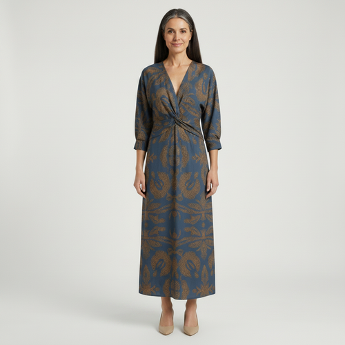 Veloura - Long-Sleeve V-Neck Printed Midi Dress