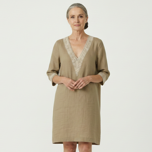 Brezella - Relaxed V-Neck Midi Dress With Lace Trim
