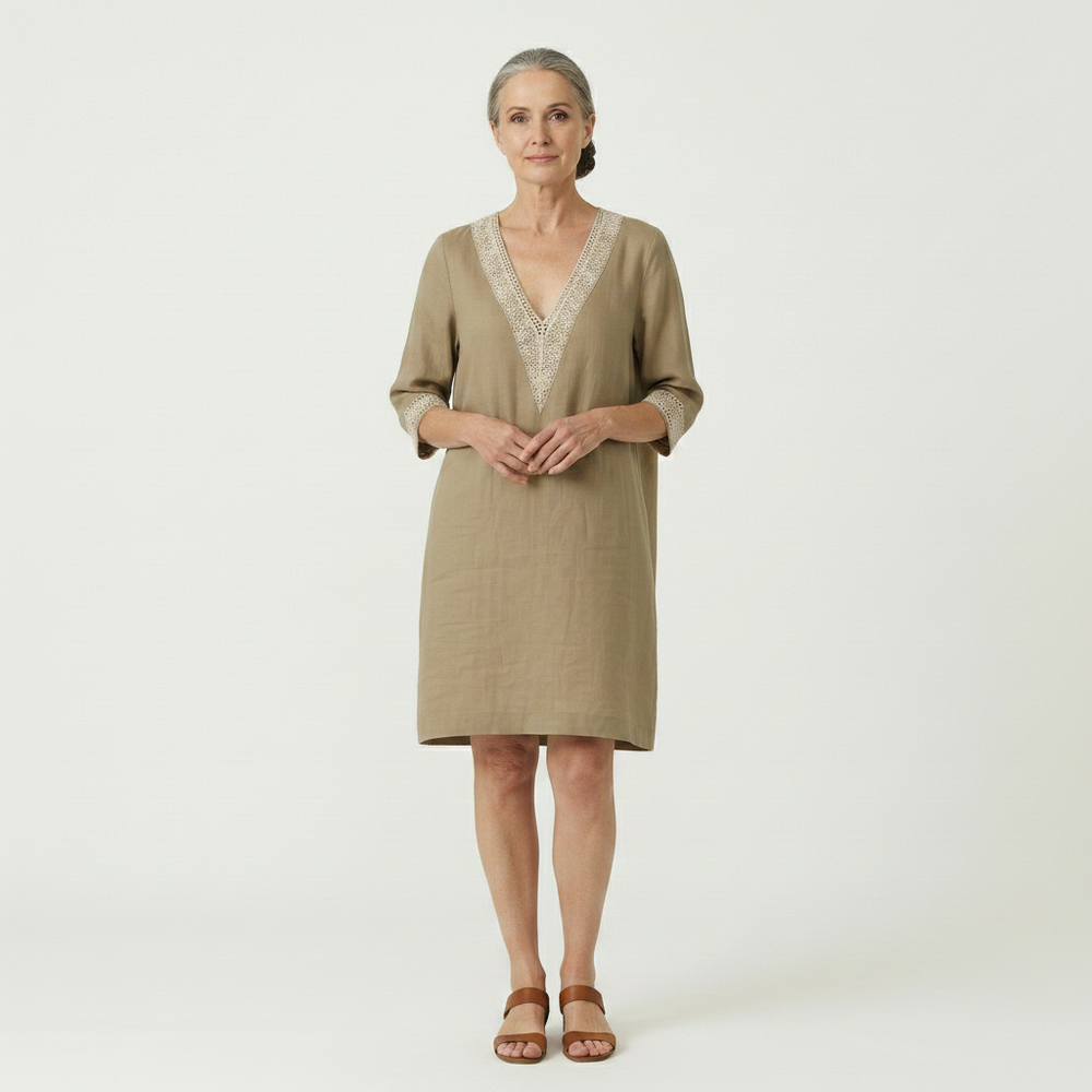Brezella - Relaxed V-Neck Midi Dress With Lace Trim