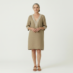 Brezella - Relaxed V-Neck Midi Dress With Lace Trim