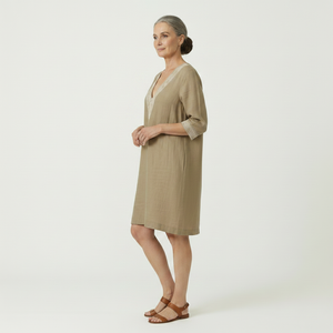 Brezella - Relaxed V-Neck Midi Dress With Lace Trim