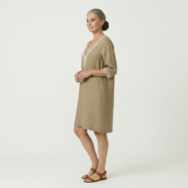 Brezella - Relaxed V-Neck Midi Dress With Lace Trim