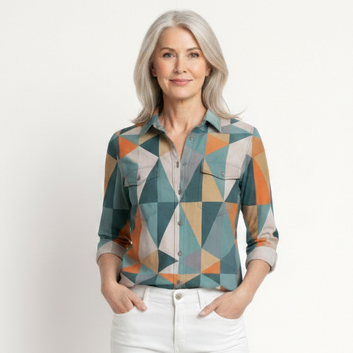 Hazella - Geometric Print Button-Down Blouse