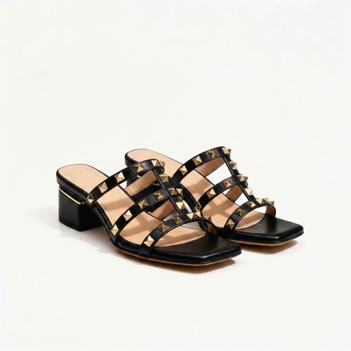 Arlina - Gold Studded Square-Toe Mule Heel