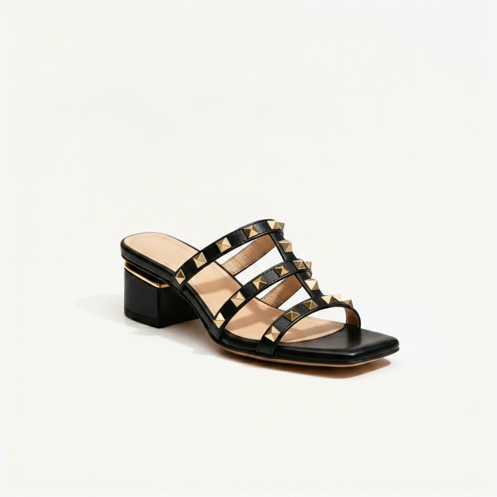 Arlina - Gold Studded Square-Toe Mule Heel