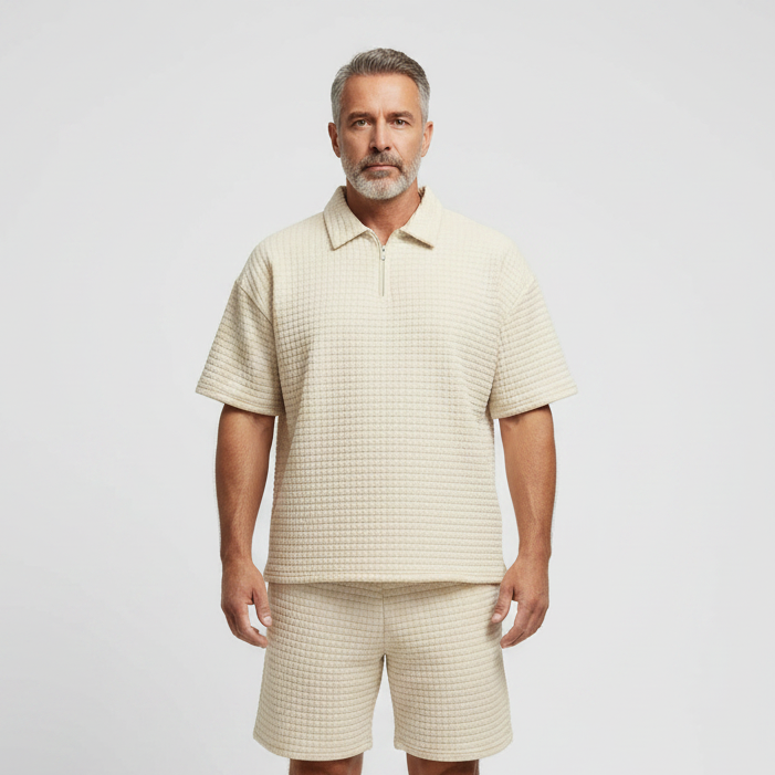 Dominik - Textured Zip-Collar Shirt And Shorts Set