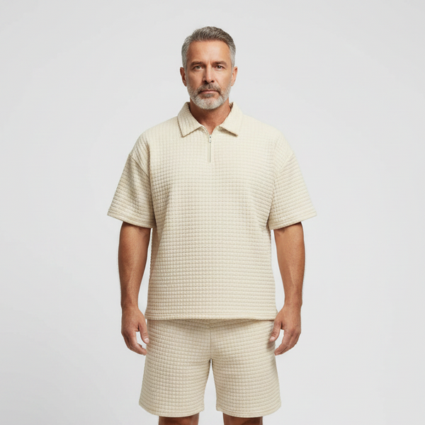 Dominik - Textured Zip-Collar Shirt And Shorts Set