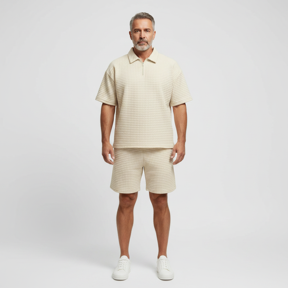 Dominik - Textured Zip-Collar Shirt And Shorts Set