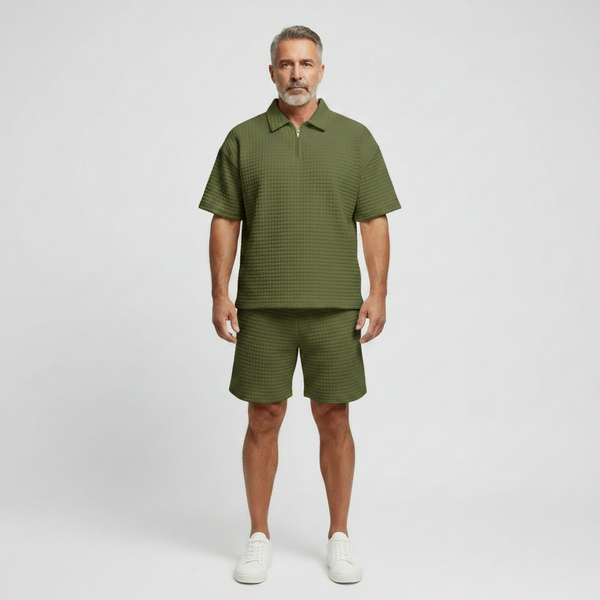 Dominik - Textured Zip-Collar Shirt And Shorts Set