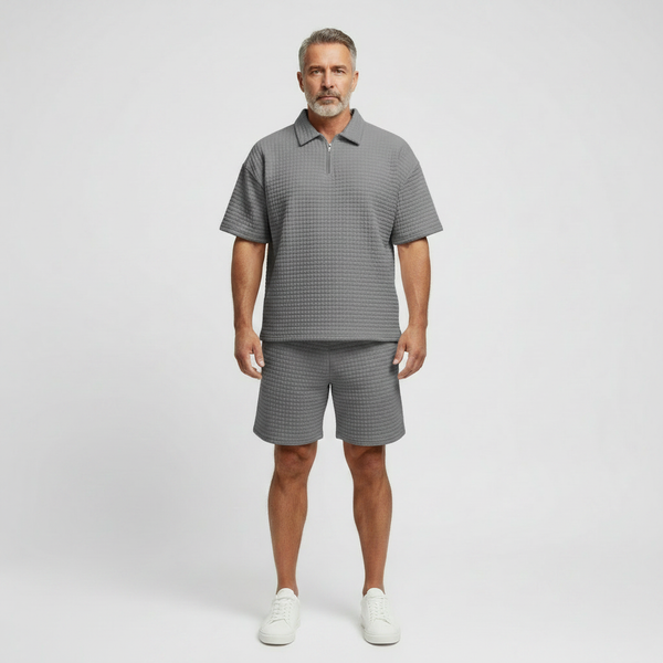 Dominik - Textured Zip-Collar Shirt And Shorts Set