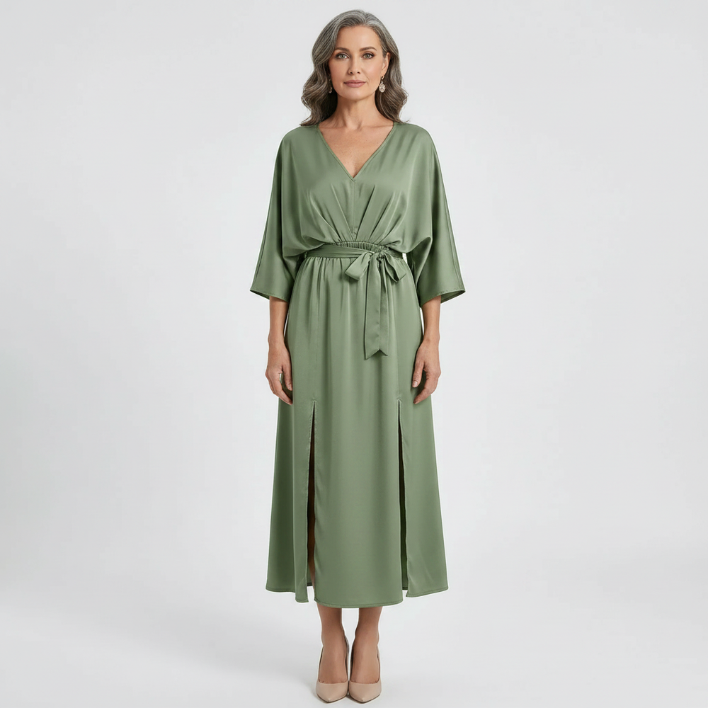 Velvara - Flowy V-Neck Maxi Dress With Tie Waist