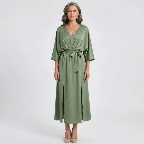 Velvara - Flowy V-Neck Maxi Dress With Tie Waist