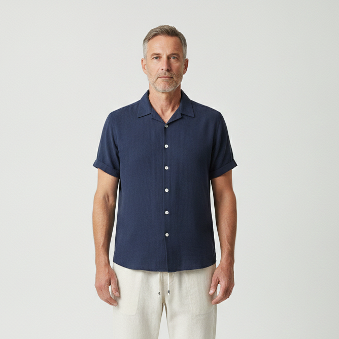 Vincenzo- Short-Sleeve Stand Collar Button-Front Shirt Set