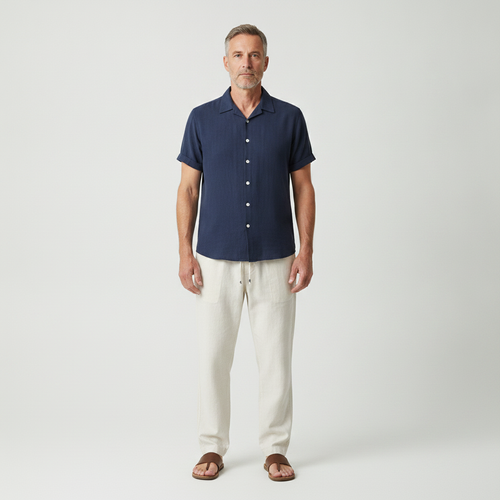 Vincenzo- Short-Sleeve Stand Collar Button-Front Shirt Set
