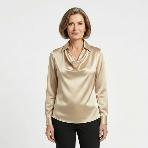 Drapora - Long Sleeve Draped Collar Blouse
