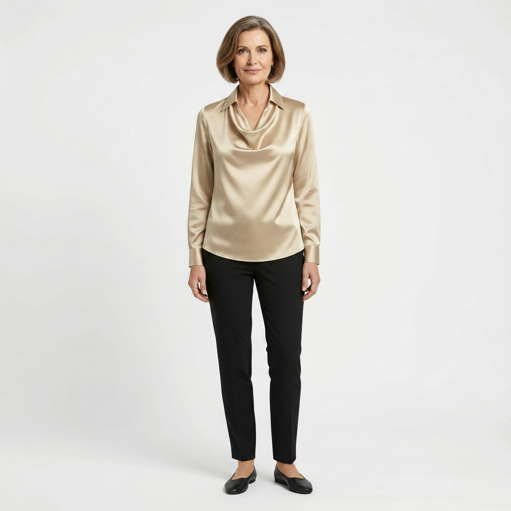 Drapora - Long Sleeve Draped Collar Blouse