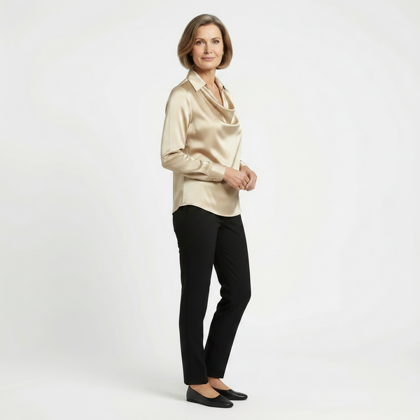 Drapora - Long Sleeve Draped Collar Blouse