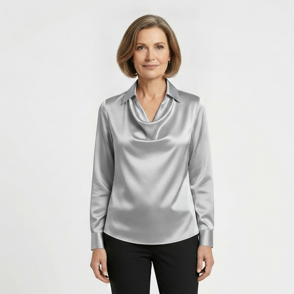 Drapora - Long Sleeve Draped Collar Blouse