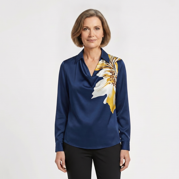 Drapora - Long Sleeve Draped Collar Blouse
