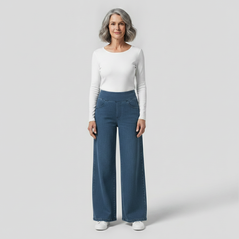 Widevia - High-Waist Wide-Leg Denim Pants Dark Blue