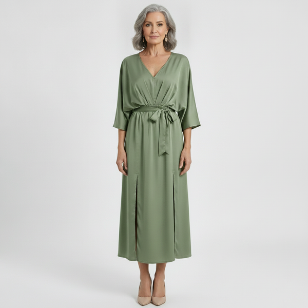 Velvara - Flowy V-Neck Maxi Dress With Tie Waist