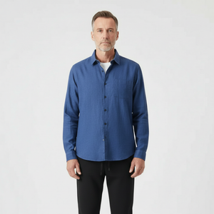 Hugor - Long Sleeve Button-Up Shirt And Pants Set Blue