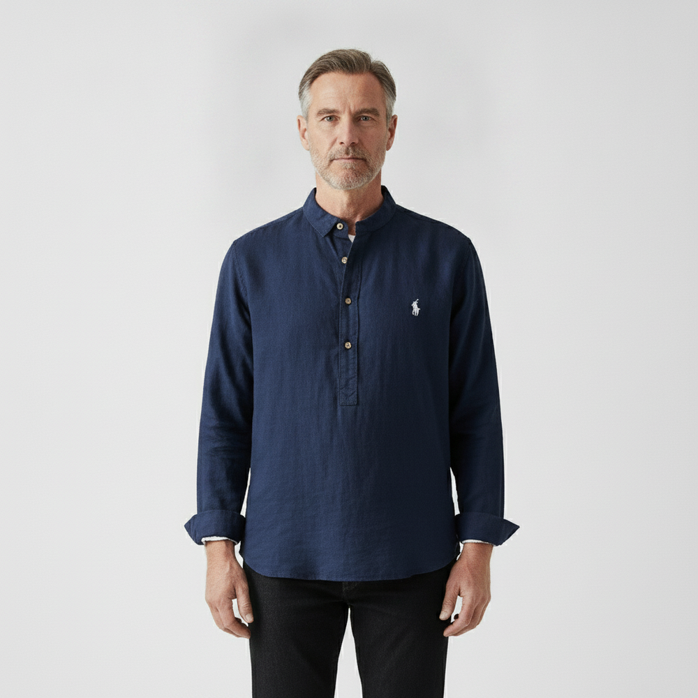 Marvelle - Tailored Fit Long-Sleeve Pullover Shirt Navy