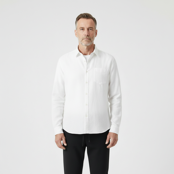 Hugor - Long Sleeve Button-Up Shirt And Pants Set White