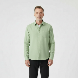 Hugor - Long Sleeve Button-Up Shirt And Pants Set Light Green