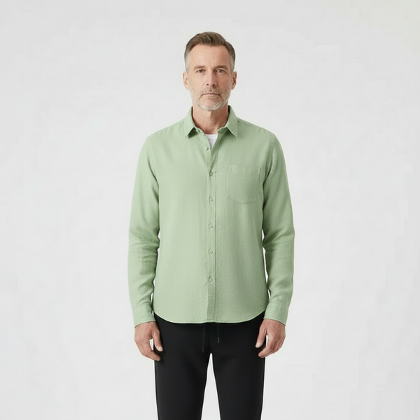 Hugor - Long Sleeve Button-Up Shirt And Pants Set Light Green