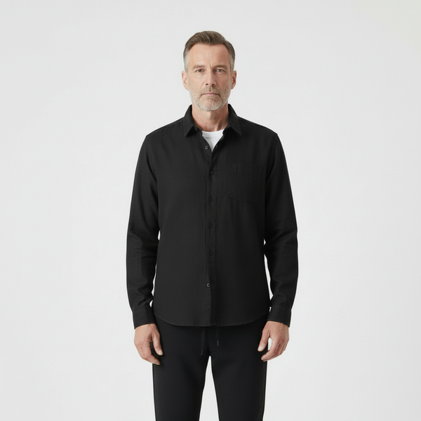 Hugor - Long Sleeve Button-Up Shirt And Pants Set Black