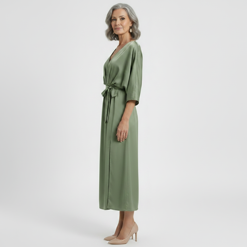 Velvara - Flowy V-Neck Maxi Dress With Tie Waist