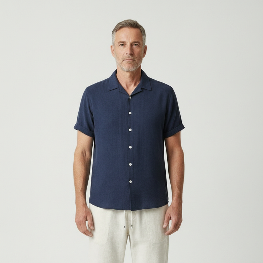 Vincenzo- Short-Sleeve Stand Collar Button-Front Shirt Set Navy Blue