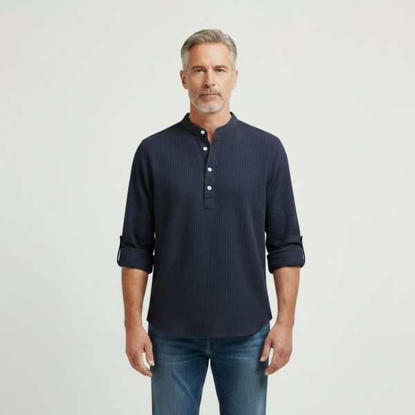 Brooks - Tailored Fit Henley-Style Woven Shirt Navy