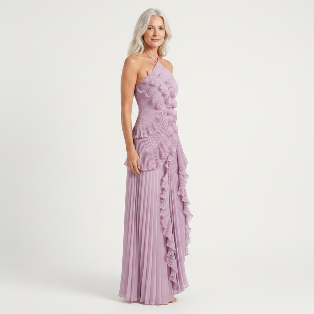 Hailey - Pleated Ruffle Halter Maxi Dress Purple