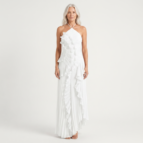 Hailey - Pleated Ruffle Halter Maxi Dress White