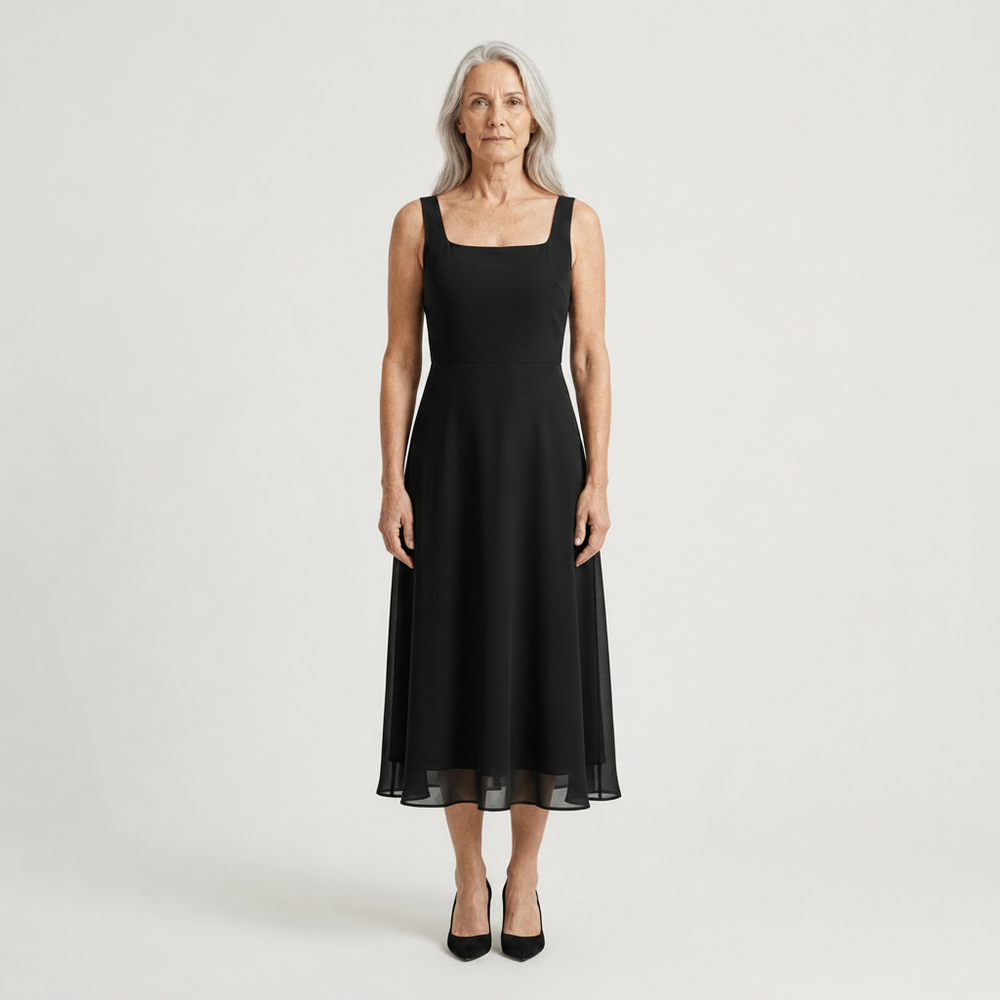 Caroline - Square Neckline Midi Dress Black