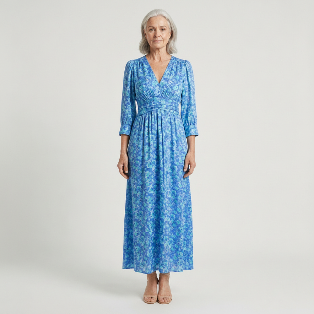 Hazel - Floral Print V-Neck Maxi Dress Blue