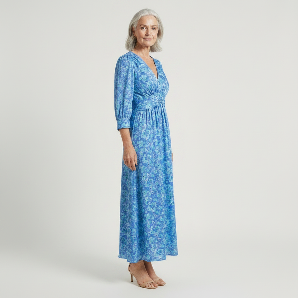 Hazel - Floral Print V-Neck Maxi Dress Blue