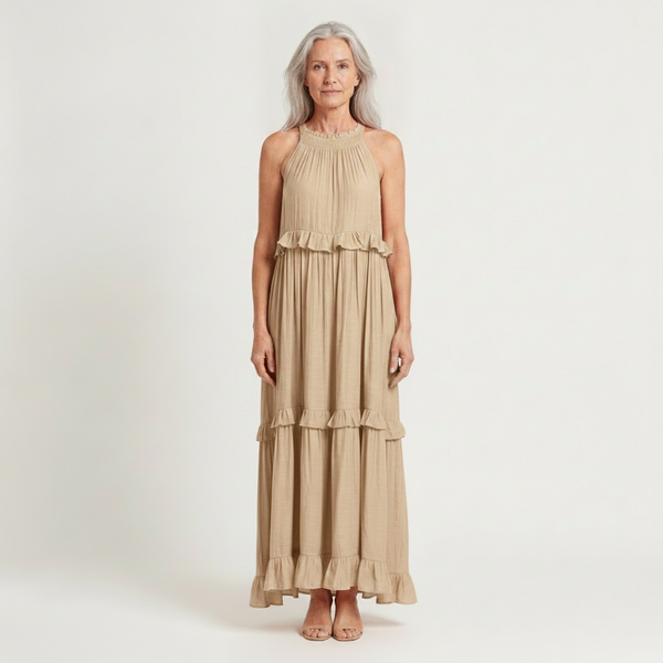 Aria - Sleeveless Tiered Ruffle Maxi Dress Beige